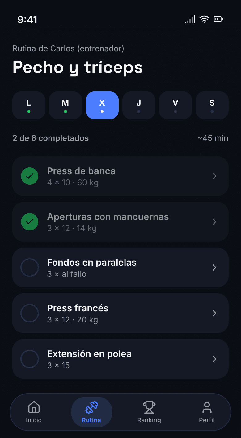Rutina del día del socio con sus ejercicios